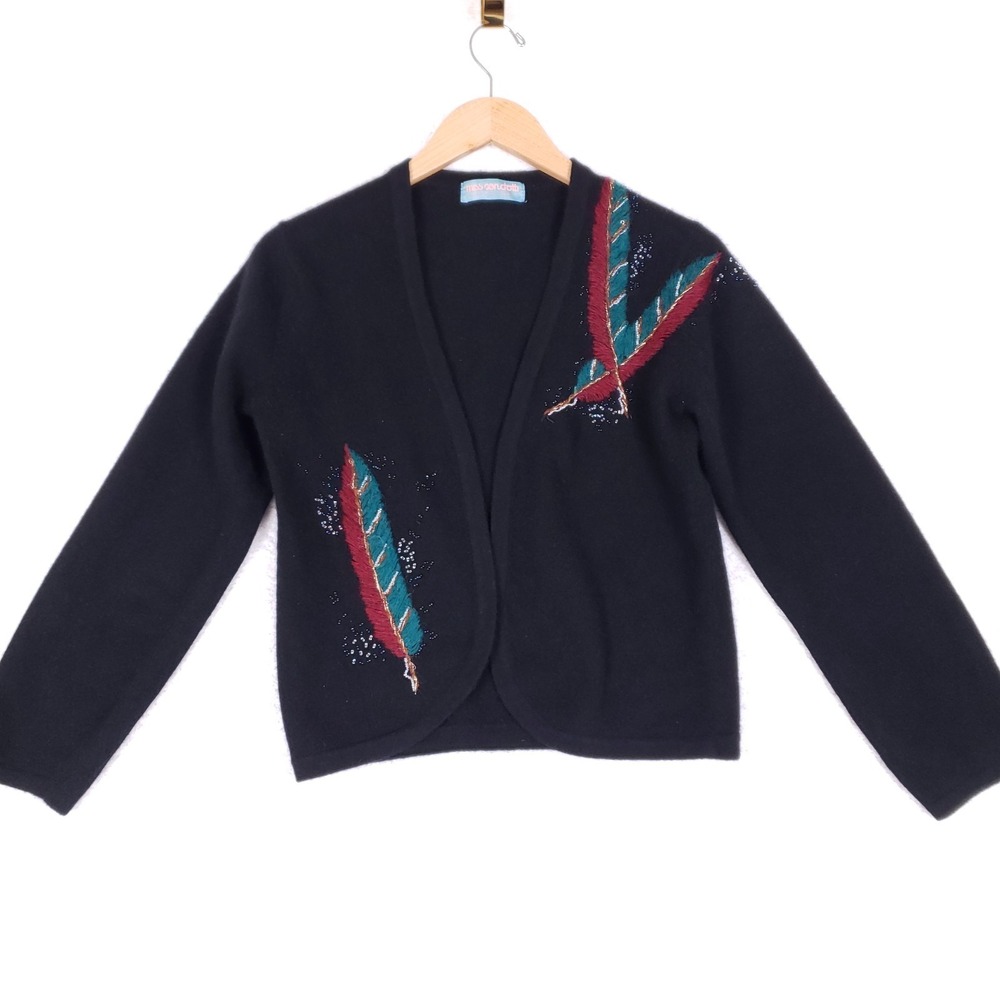 Miss Condotti Vintage Beaded Feather Wool Cardigan Small Black‎
